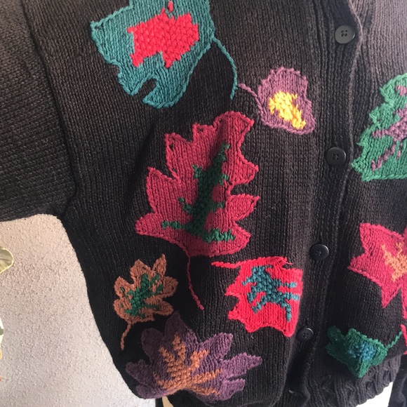 VINTAGE | Black Fall Leaves Hand Knit Grannycore Sweater Cardigan - Picture 5 of 13